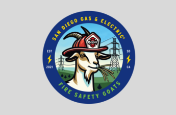 a graphic image of a sticker showing a sketch of a goat wearing a firefighter's hat, chewing on dry brush