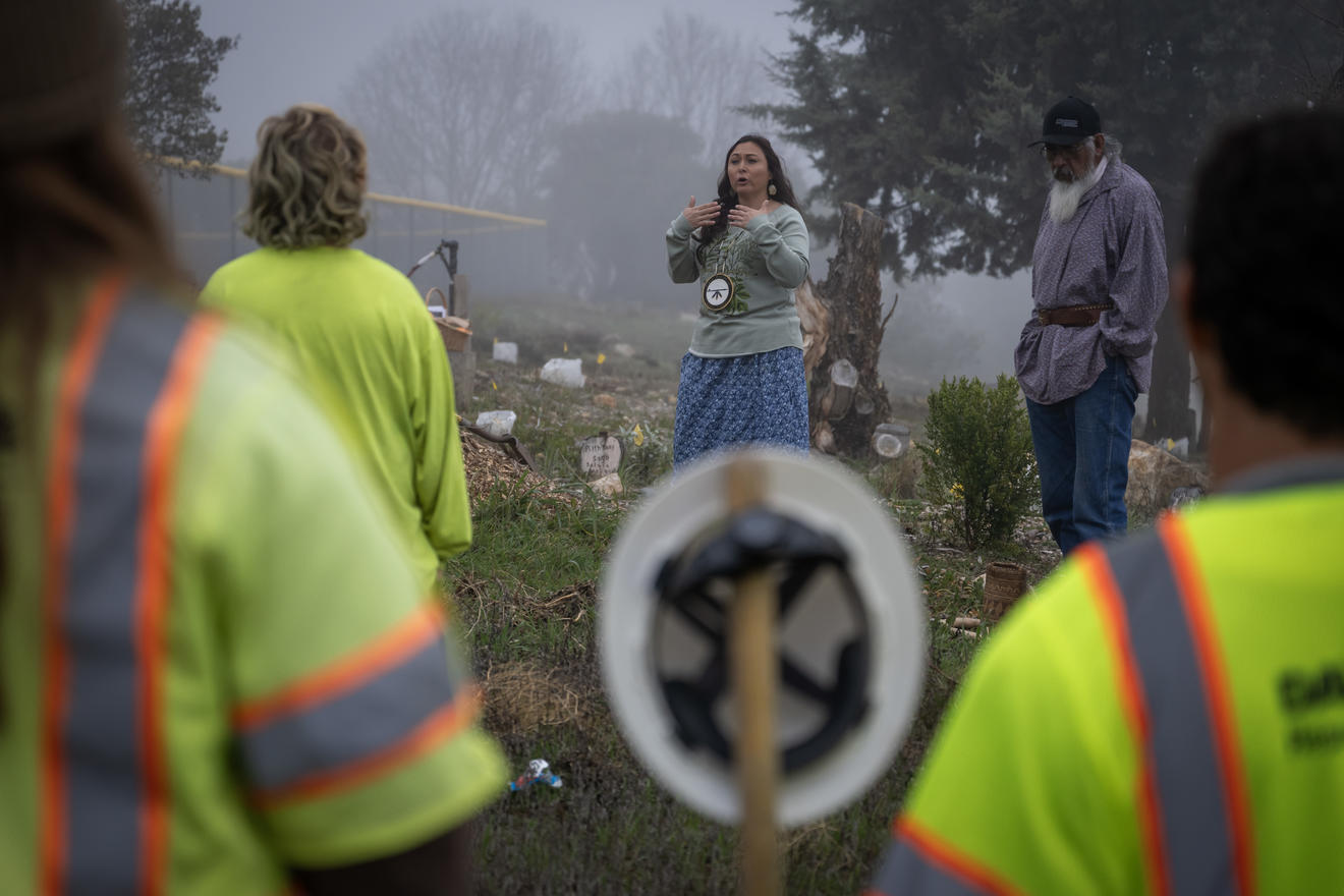 Julie Osuna, from Iipay Nation of Santa Ysabel, delivers opening remarks at a tree-planting event at Julian Junior High School. 