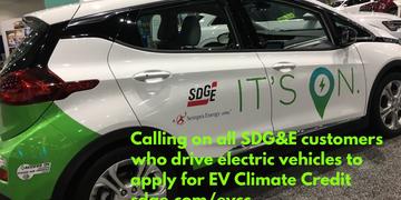 Electric Vehicle with SDG&E logo and tag line "It's On"