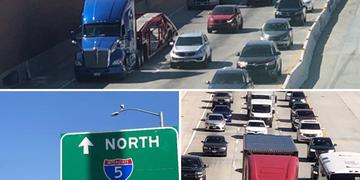 Collage of photos of trucks and traffic on I-5