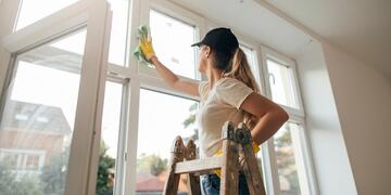 A woman with a ponytail stands on a ladder, cleaning the windows.